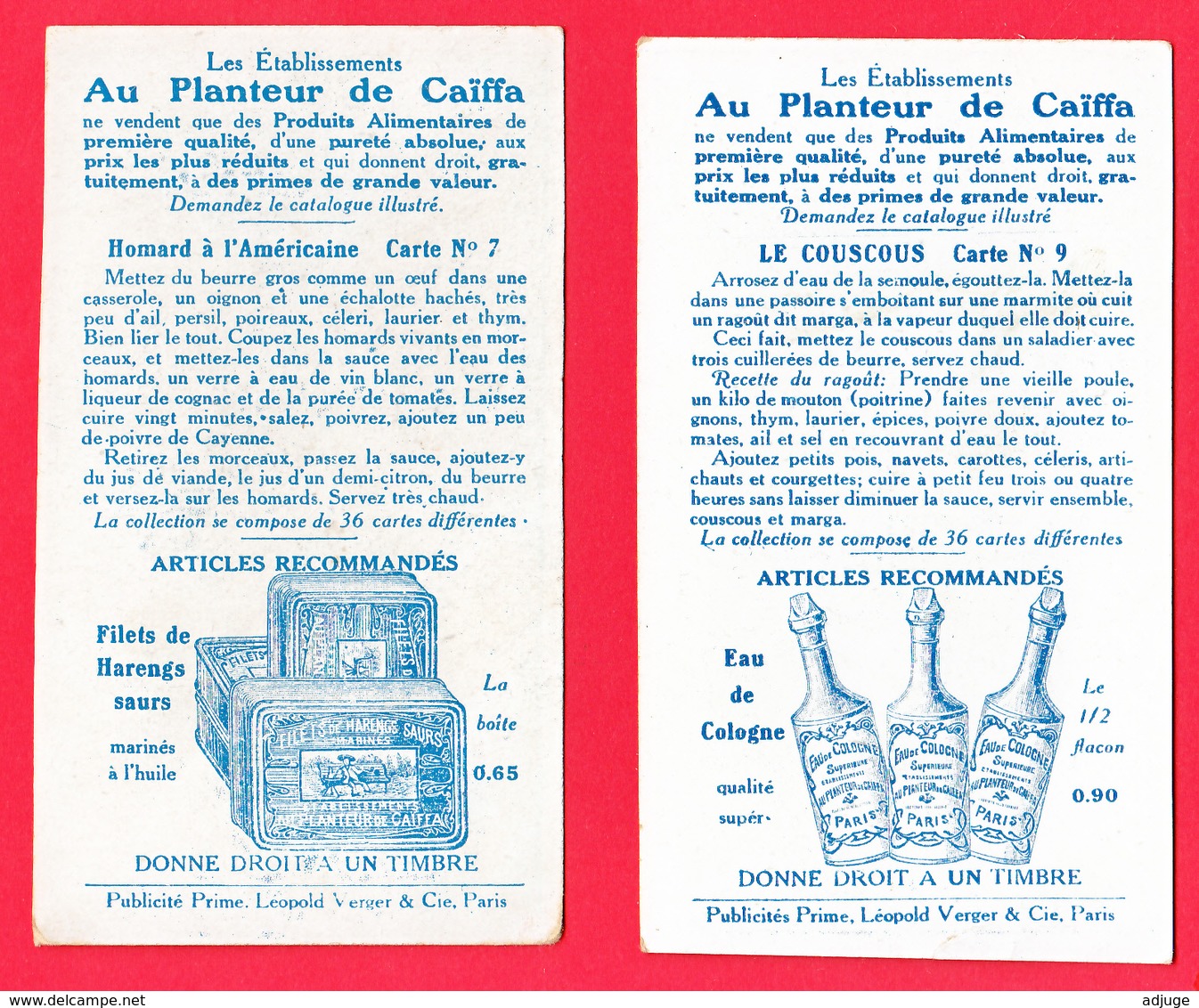 Lot De 2 CHROMOS - Ets AU PLANTEUR De CAÏFFA - Les Plats Nationaux- N° 7  Et N° 9 -2 SCANS - Sonstige & Ohne Zuordnung