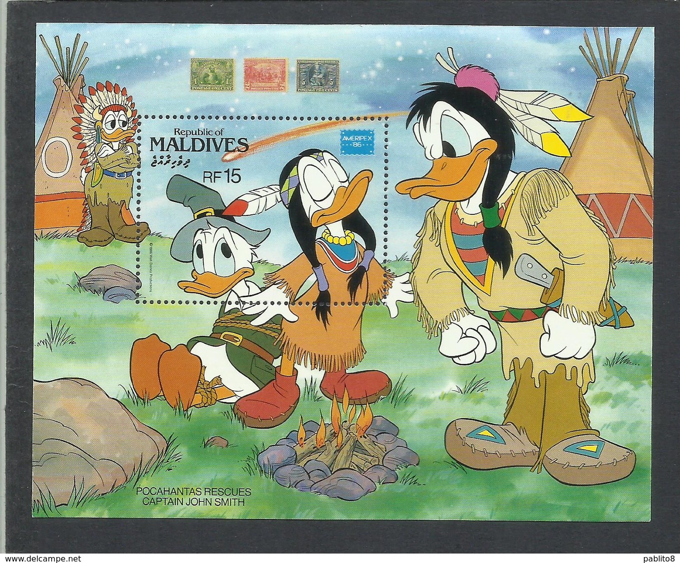 MALDIVES MALDIVE 1986 POCAHANTAS RESCUES CAPTAIN JOHN SMITH POCAHONTAS DISNEY DONALD AMERIPEX 86 BLOCK SHEET BLOCCO MNH - Maldive (1965-...)