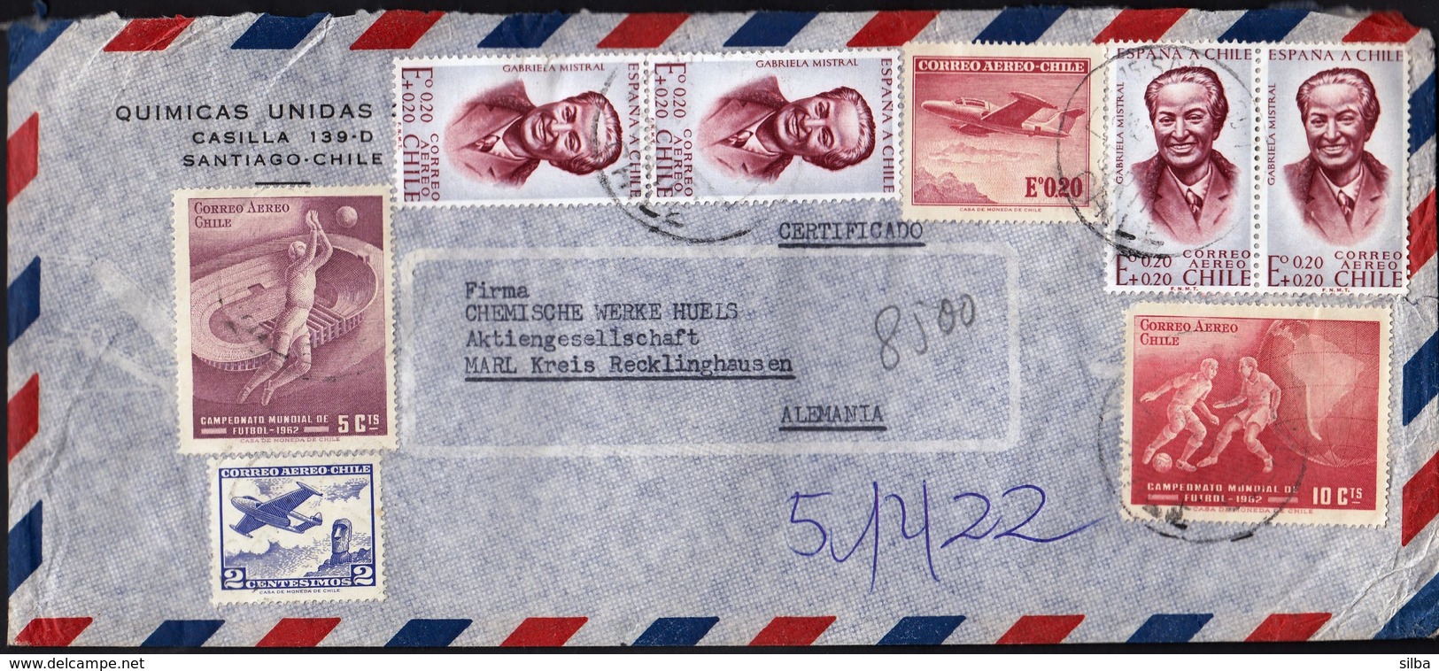 Chile Santiago / Football World Cup 1962, Gabriela Mistral, Airplane / Quimicas Unidas / Air Mail - Chile