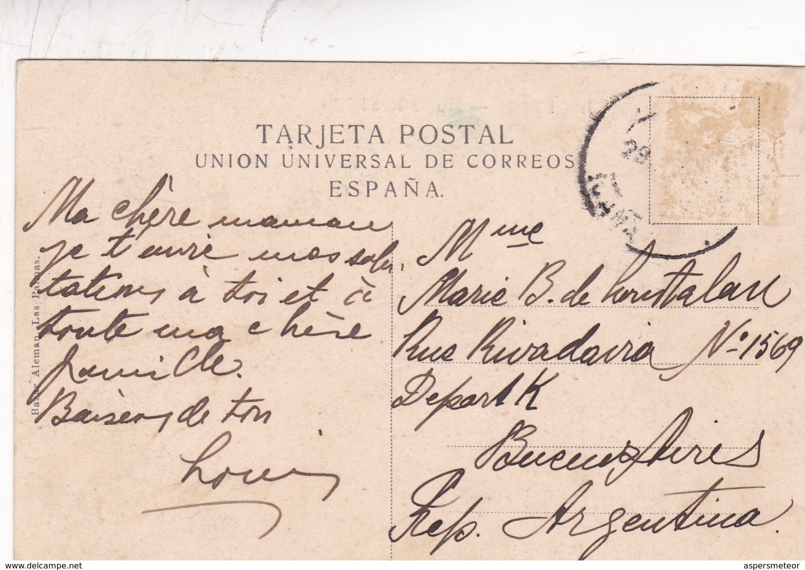 LAS PALMAS. MONTE ROAD. BAZAR ALEMAN. CIRCULEE CIRCA 1900s A L'ARGENTINE-TIMBRE ARRACHE- BLEUP - La Palma