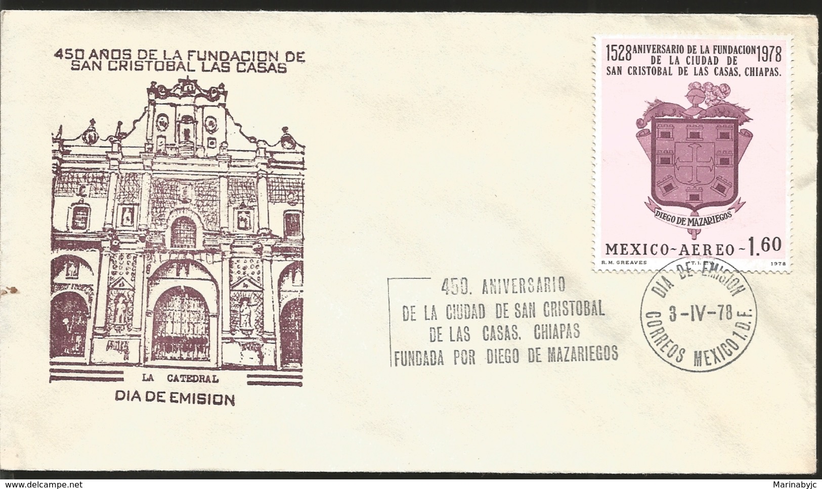 J) 1978 MEXICO, 450 YEARS OF THE FOUNDATION OF SAN CRISTOBAL DE LAS CASAS, CHIAPAS, FOUNDATION BY DIEGO DE MAZARIEGOS, T - Mexico