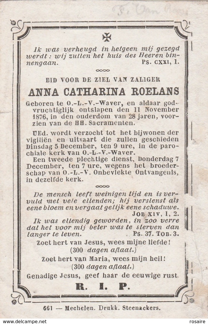 Anna Catharina Roelans-o.-l.-v.-waver-1876-beschadiging Rand Rechts Tekst - Devotieprenten