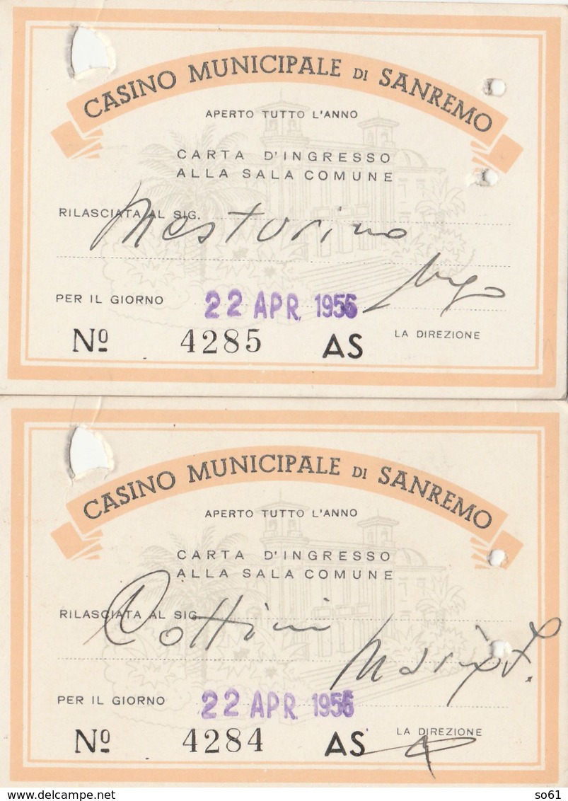 8060 Eb. N° 2 Biglietto Carta Ingresso Consecutivi Casino Municipale Sanremo 1956 - Biglietti D'ingresso