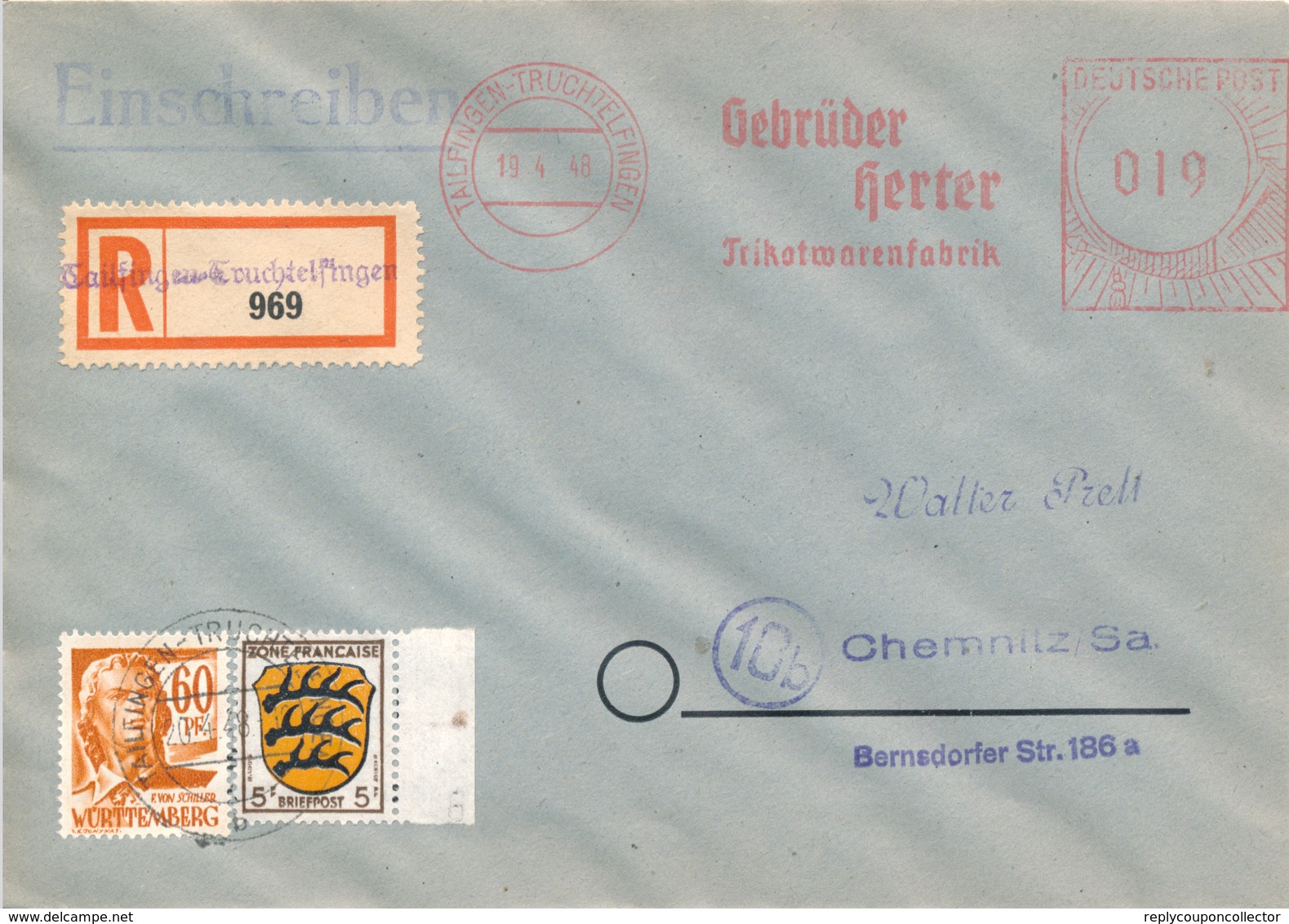 TAILFINGEN  - 1948 , R-Brief  Freistempel Und Briefmarke - Nach Chemnitz - Altri & Non Classificati