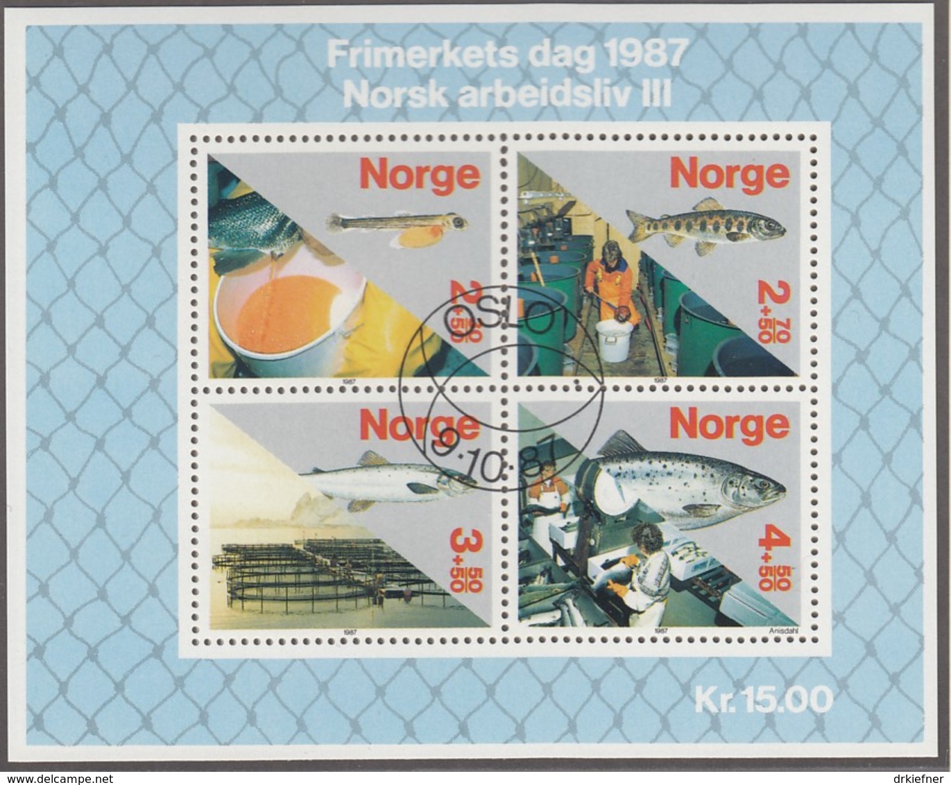 NORWEGEN Block 8, Gestempelt, Tag Der Briefmarke; Das Norwegische Berufsleben (III) - Die Fischzucht 1987 - Blocs-feuillets