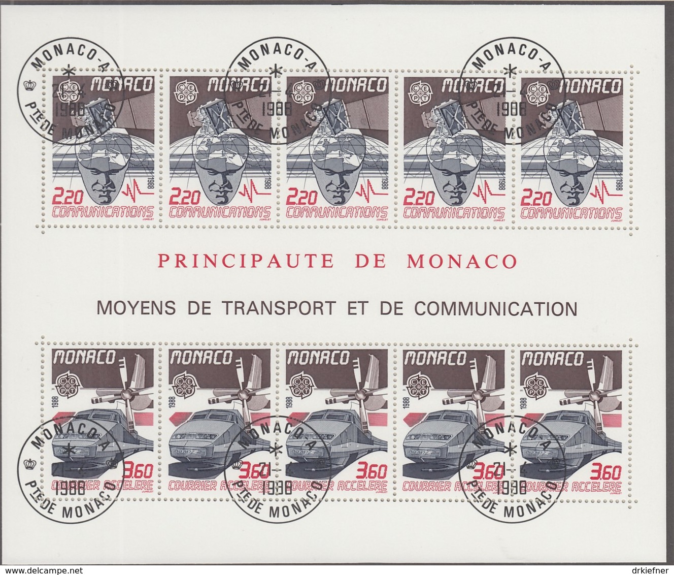 MONACO, Block 39, Gestempelt, Europa CEPT: Transport- Und Kommunikationsmittel 1988 - Blocks & Kleinbögen