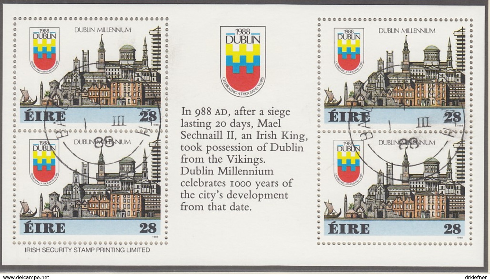 IRLAND 642, Heftchenblatt Englisch, Gestempelt, 1000 Jahre Dublin, 1988 - Markenheftchen