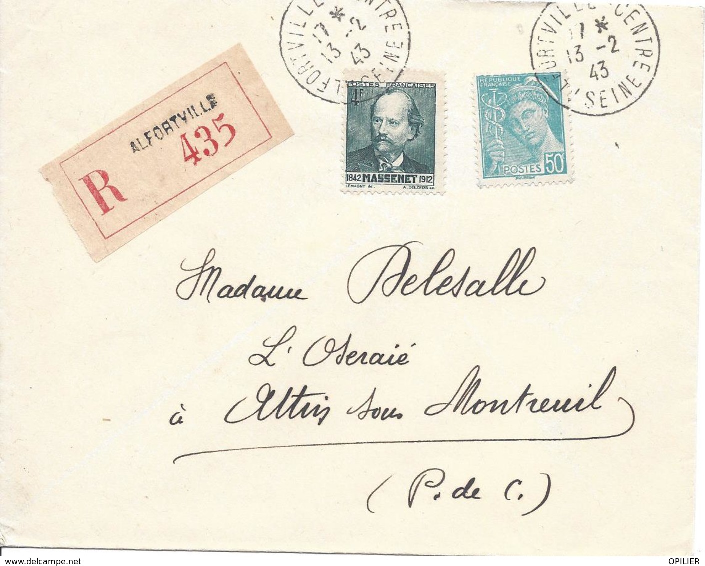 50c Mercure Turquoise N°538 + Massenet N° 545 Tarif 4.50F RECOMMANDE ALBERTVILLE 13 2 1943 - Sonstige & Ohne Zuordnung