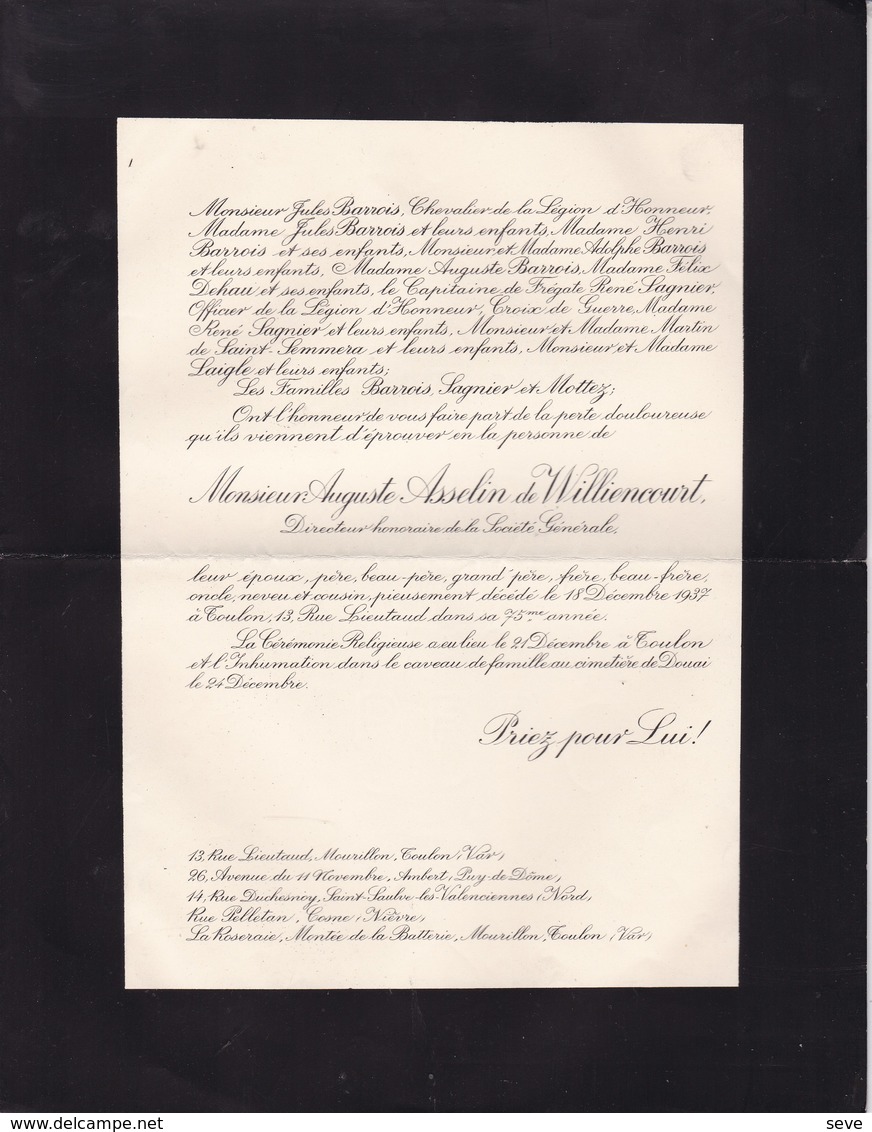 TOULON Auguste ASSELIN De WILLIENCOURT 73 Ans 1937 Directeur De La Société Générale Lettre Mortuaire 2 Volets Complets - Décès