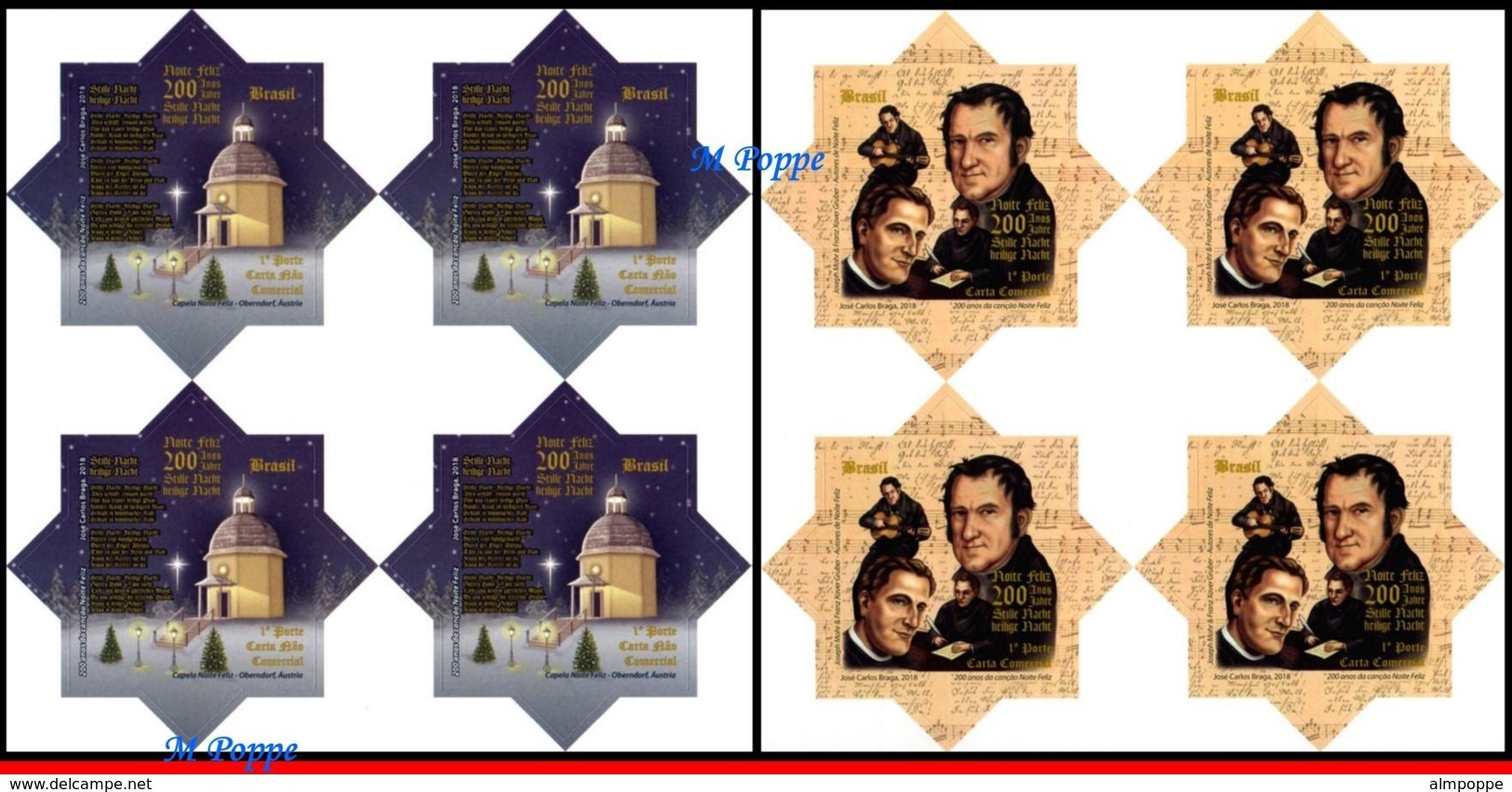 Ref. BR-V2018-161Q BRAZIL 2018 - CHRISTMAS, 200 YEARS OF, �SILENT NIGHT� SONG, BLOCKS MNH,8V - Unused Stamps