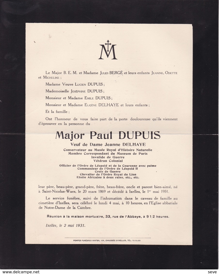 SAINT-NICOLAS-WAAS Paul DUPUIS époux DELHAYE Conservateur Au Musée Royal D'Histoire Naturelles Ixelles 1869-1931 - Décès