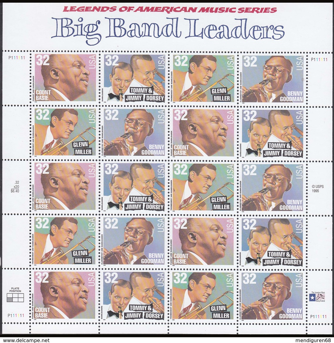 VEREINIGTE STAATEN ESTATS UNIS USA 1996 BIG BAND LEADERS PANE 20V SC 3096-99SP YV BF2539-2542 MI SH2760 SG MS3231-34 - Sheets