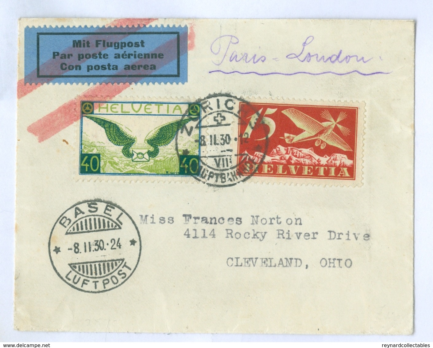 1930 Switzerland Cancelled Airmail Label Cover To USA With 40c Green Stamp, High Cv. - Sonstige & Ohne Zuordnung