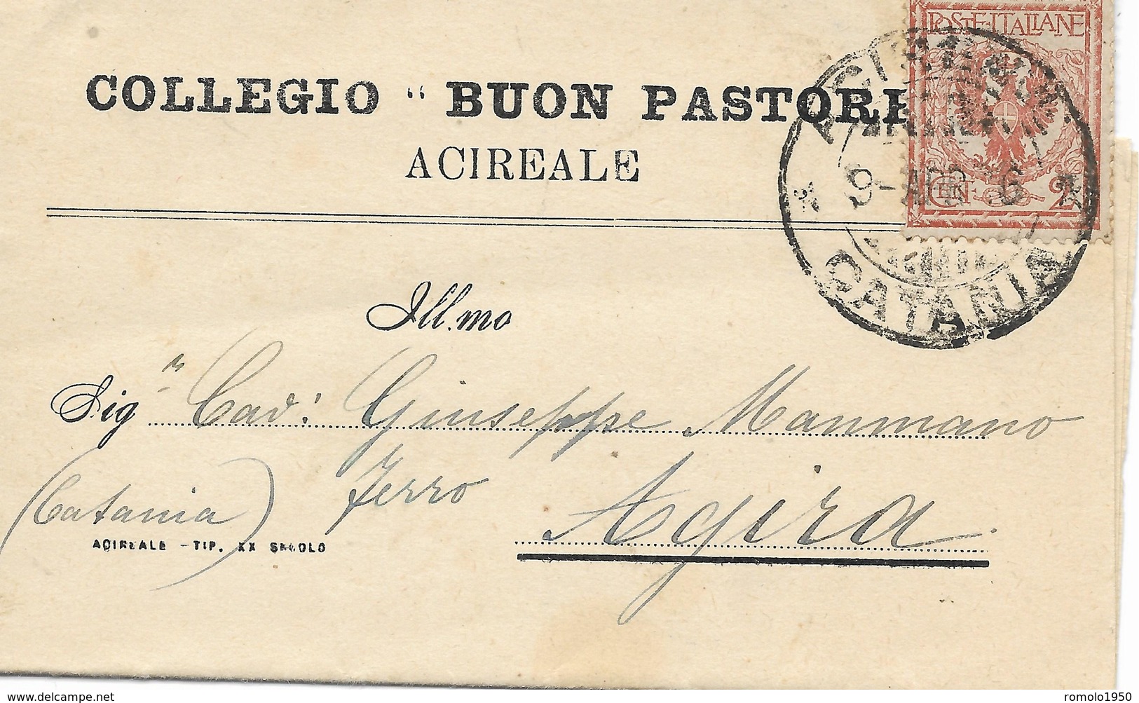 ACIREALE.COLLEGIO BUON PASTORE.BIGLIETTO-PAGELLA AFFRANCATO CON C.2 ROSSO BRUNO ANNULLATO "ACIREALE 9-APR-16" - Storia Postale