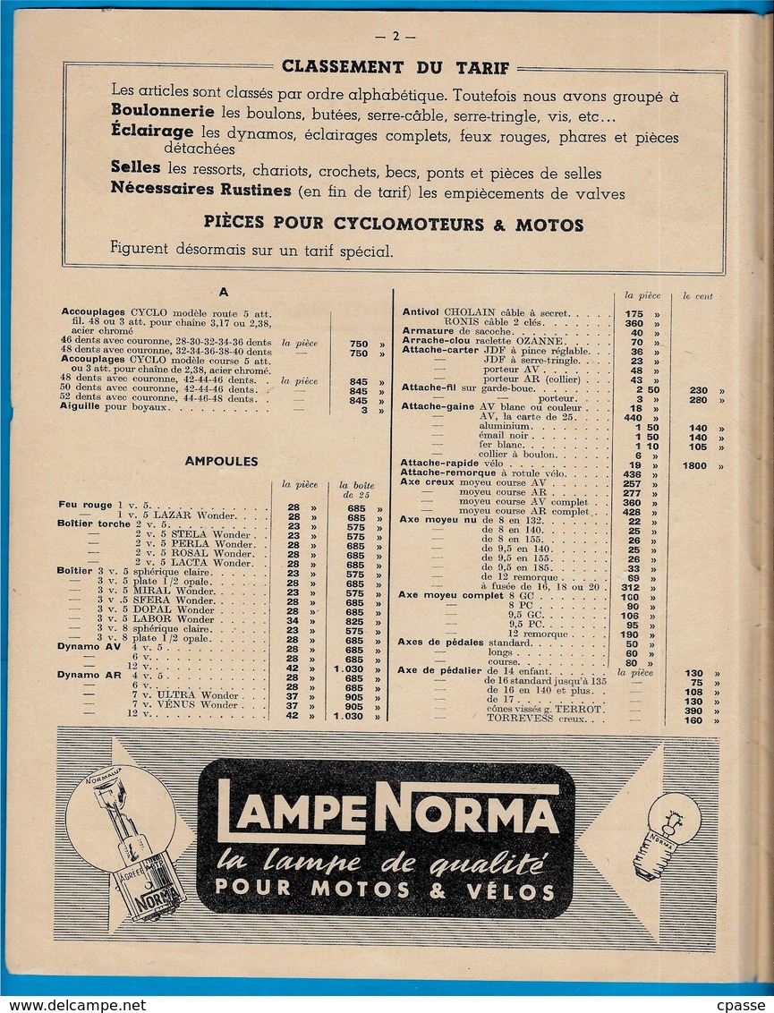 Catalogue 1954 Fournitures Pour Cycles R. JOLICART Et Cie 72 LE MANS ** Vélo Cyclisme Documentation Technique Avec Tarif - Sport & Turismo