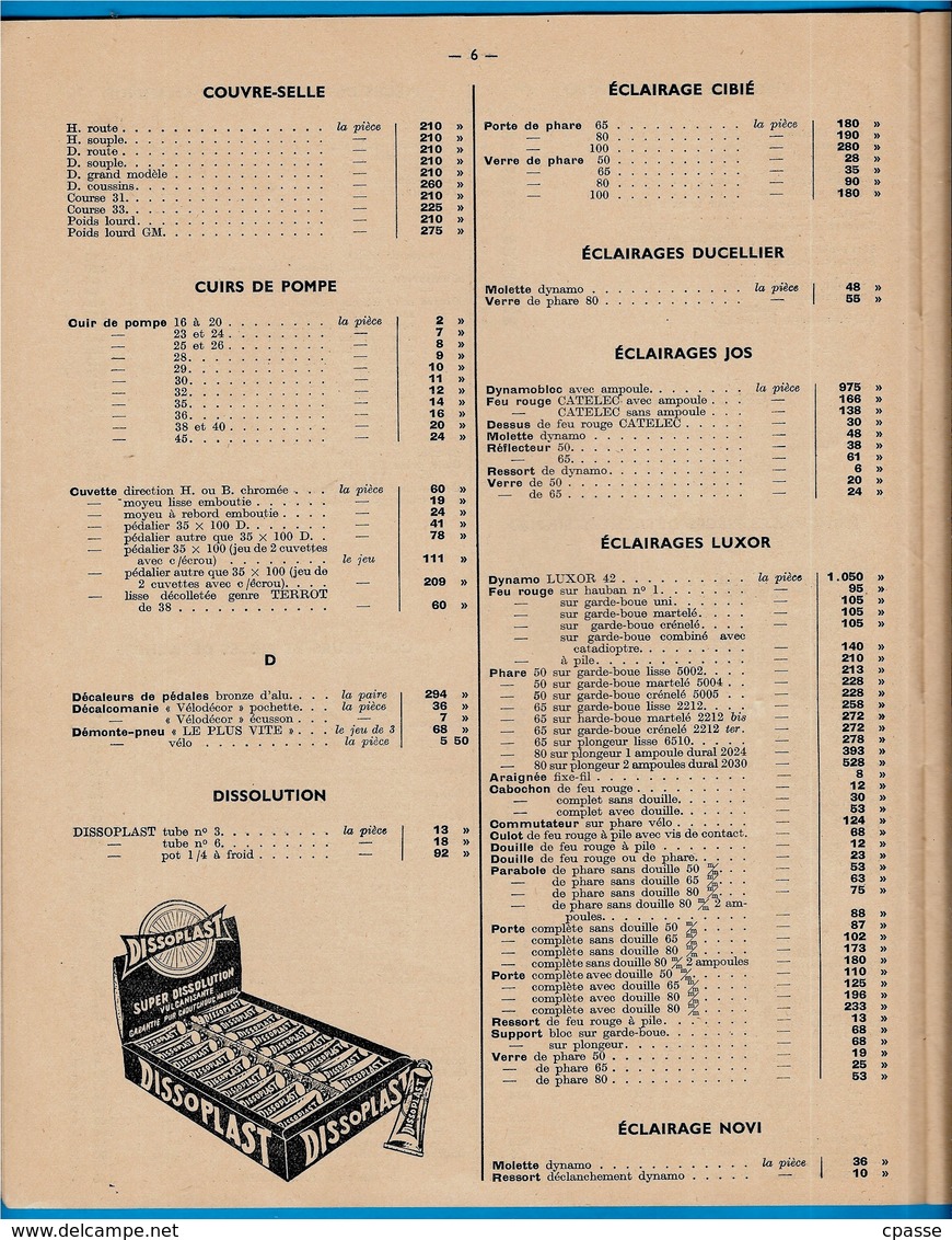 Catalogue 1954 Fournitures pour Cycles R. JOLICART et Cie 72 LE MANS ** Vélo Cyclisme Documentation technique avec Tarif