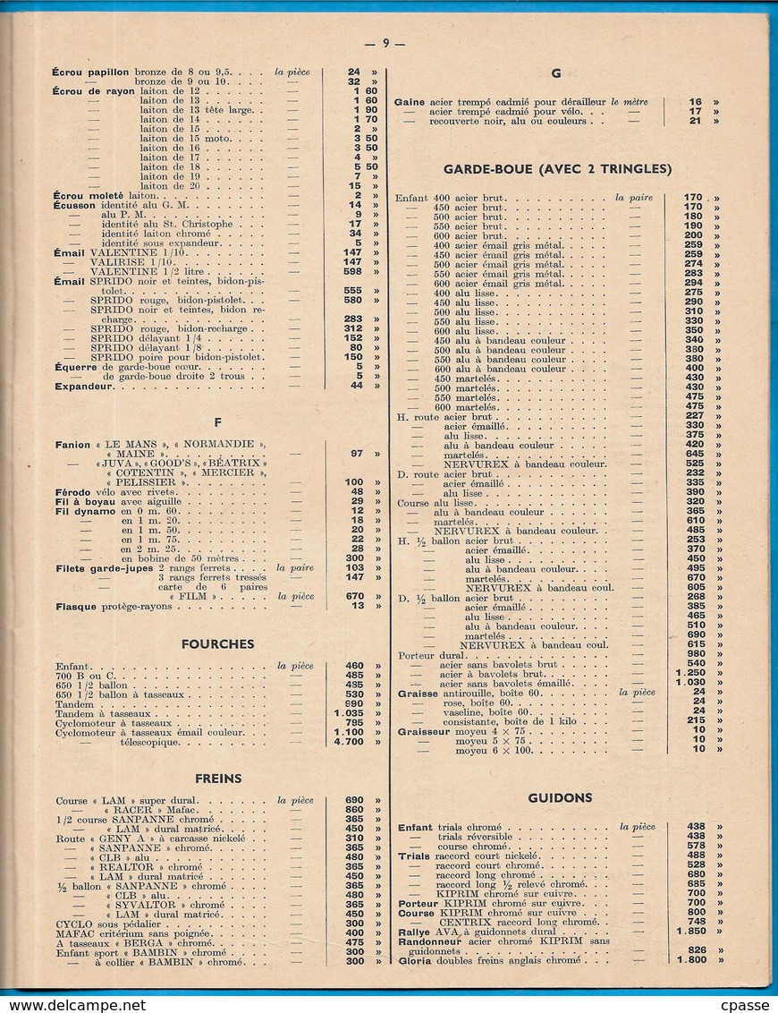 Catalogue 1954 Fournitures pour Cycles R. JOLICART et Cie 72 LE MANS ** Vélo Cyclisme Documentation technique avec Tarif