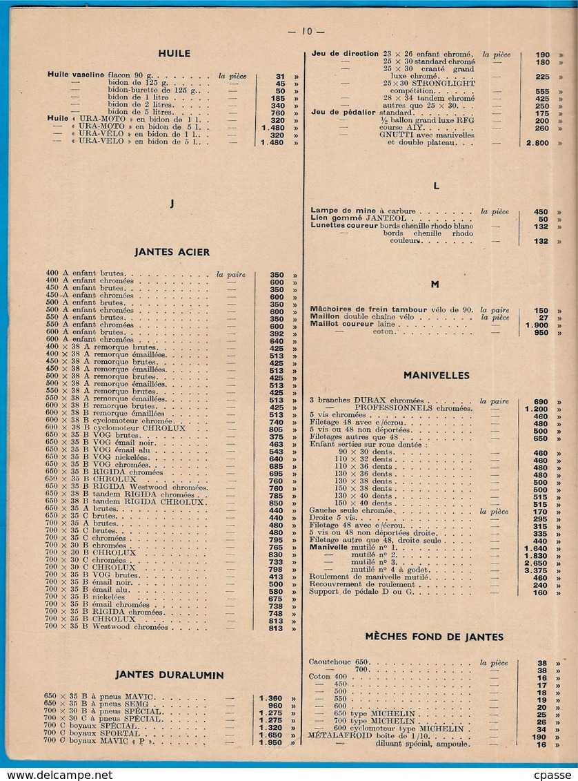 Catalogue 1954 Fournitures pour Cycles R. JOLICART et Cie 72 LE MANS ** Vélo Cyclisme Documentation technique avec Tarif