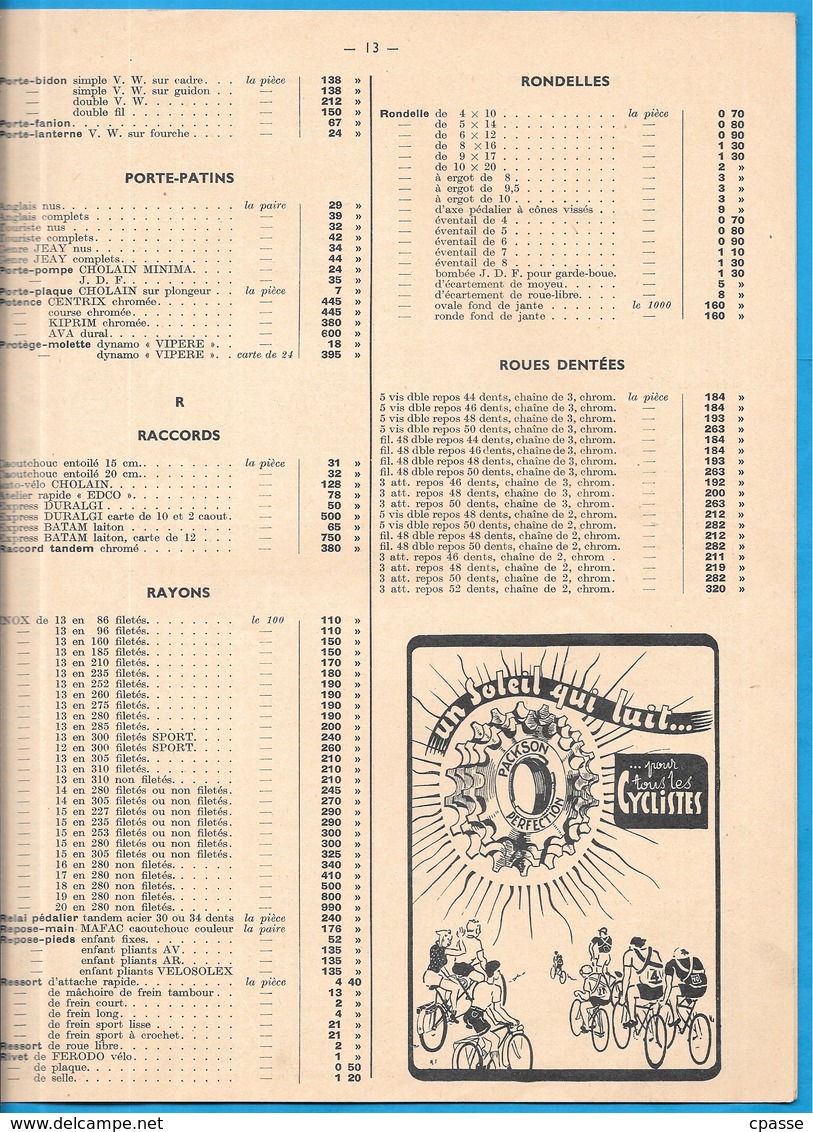 Catalogue 1954 Fournitures pour Cycles R. JOLICART et Cie 72 LE MANS ** Vélo Cyclisme Documentation technique avec Tarif