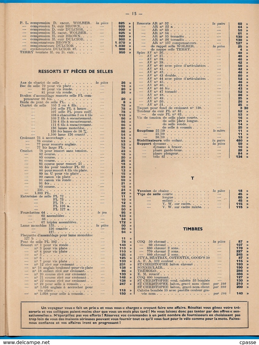 Catalogue 1954 Fournitures pour Cycles R. JOLICART et Cie 72 LE MANS ** Vélo Cyclisme Documentation technique avec Tarif