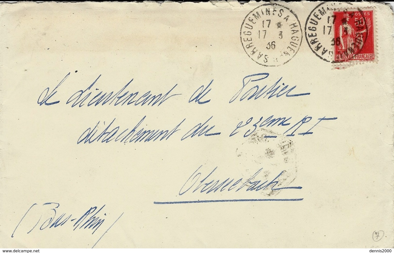1936- Enveloppe Affr. 50 C Paix Oblit. Cad Ambulant SARREGUEMINES A HAGUENAU - Poste Ferroviaire
