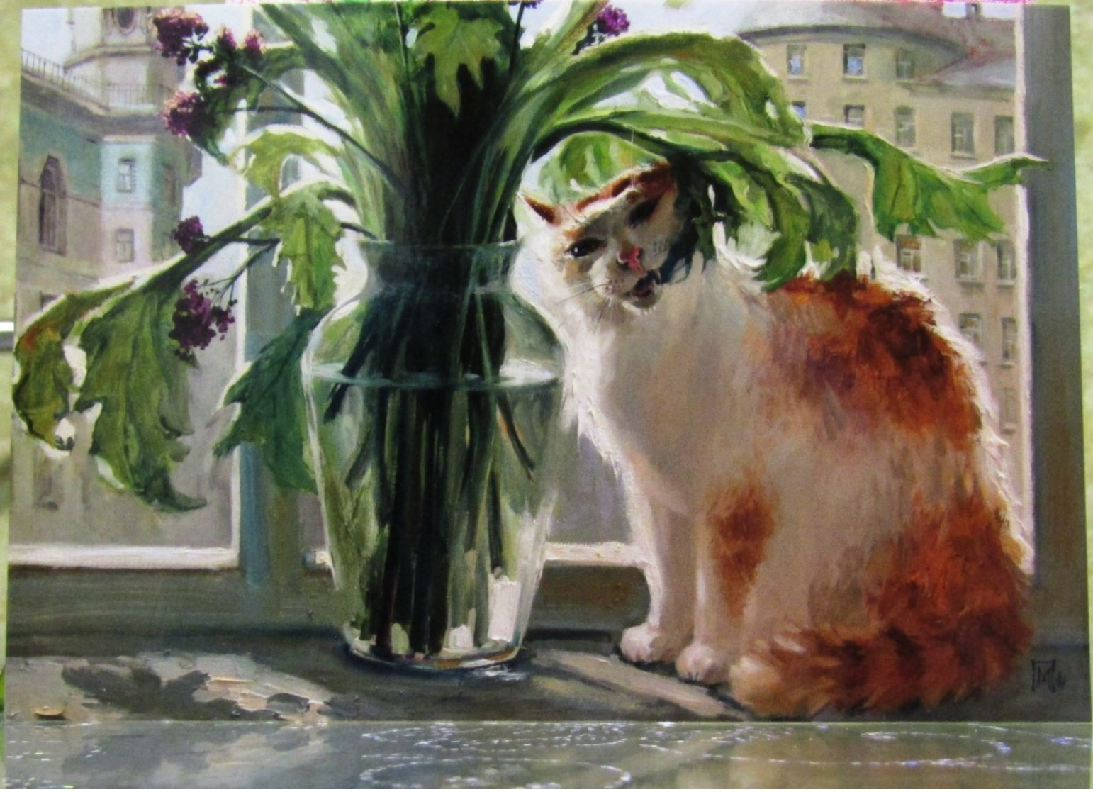 Naughty Cat Eating Flower Art Modern Russian Postcard - Cats