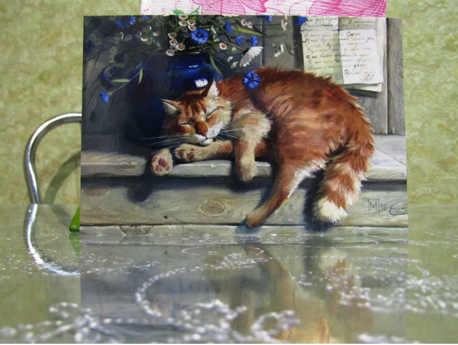 Red Cat Sleeps Sweetly Art Modern Russian Postcard - Katten