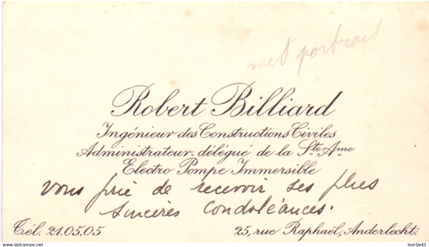 Visitekaartje - Carte Visite - Ingenieur Robert Billiard - Anderlecht - Cartes De Visite