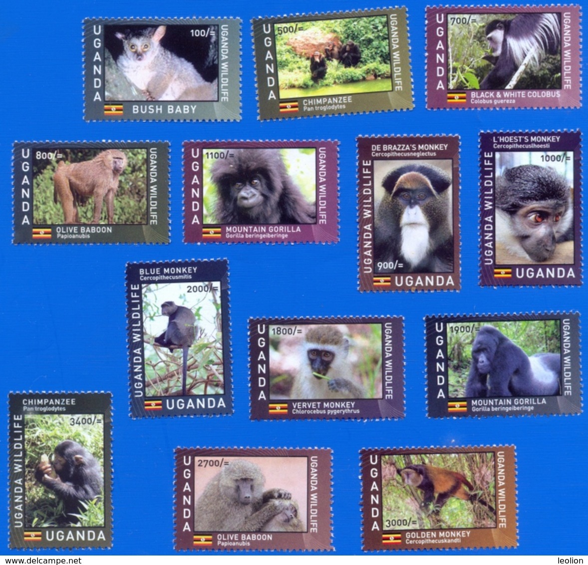 UGANDA Stamps Full Set 13x Primates 2017 Chimpanzee Monkey Baboon Gorilla Colobus Bush Baby Wildlife MNH OUGANDA - Oeganda (1962-...)