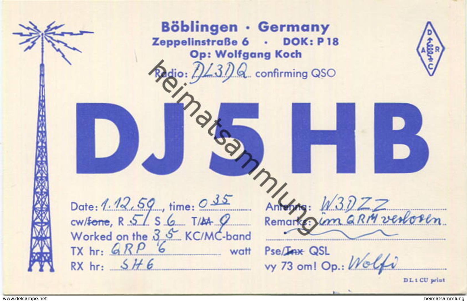 QSL - Funkkarte - DJ5HB - Böblingen - 1959 - Amateurfunk