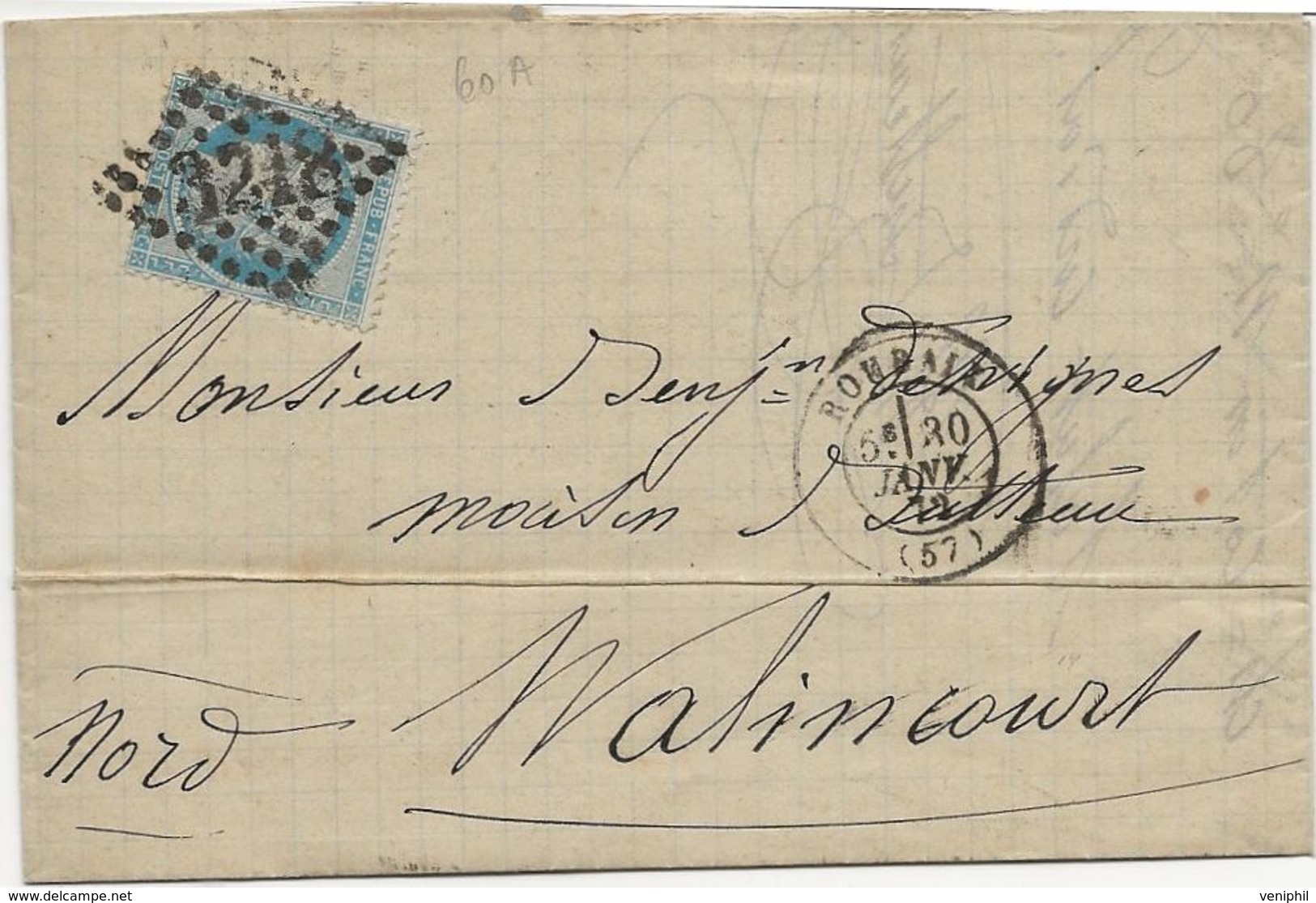 LETTRE AFFRANCHIE N° 60 OBLITEREE LOSANGE GROS CHIFFRES -3218-ROUBAIX-1872 - 1849-1876: Classic Period