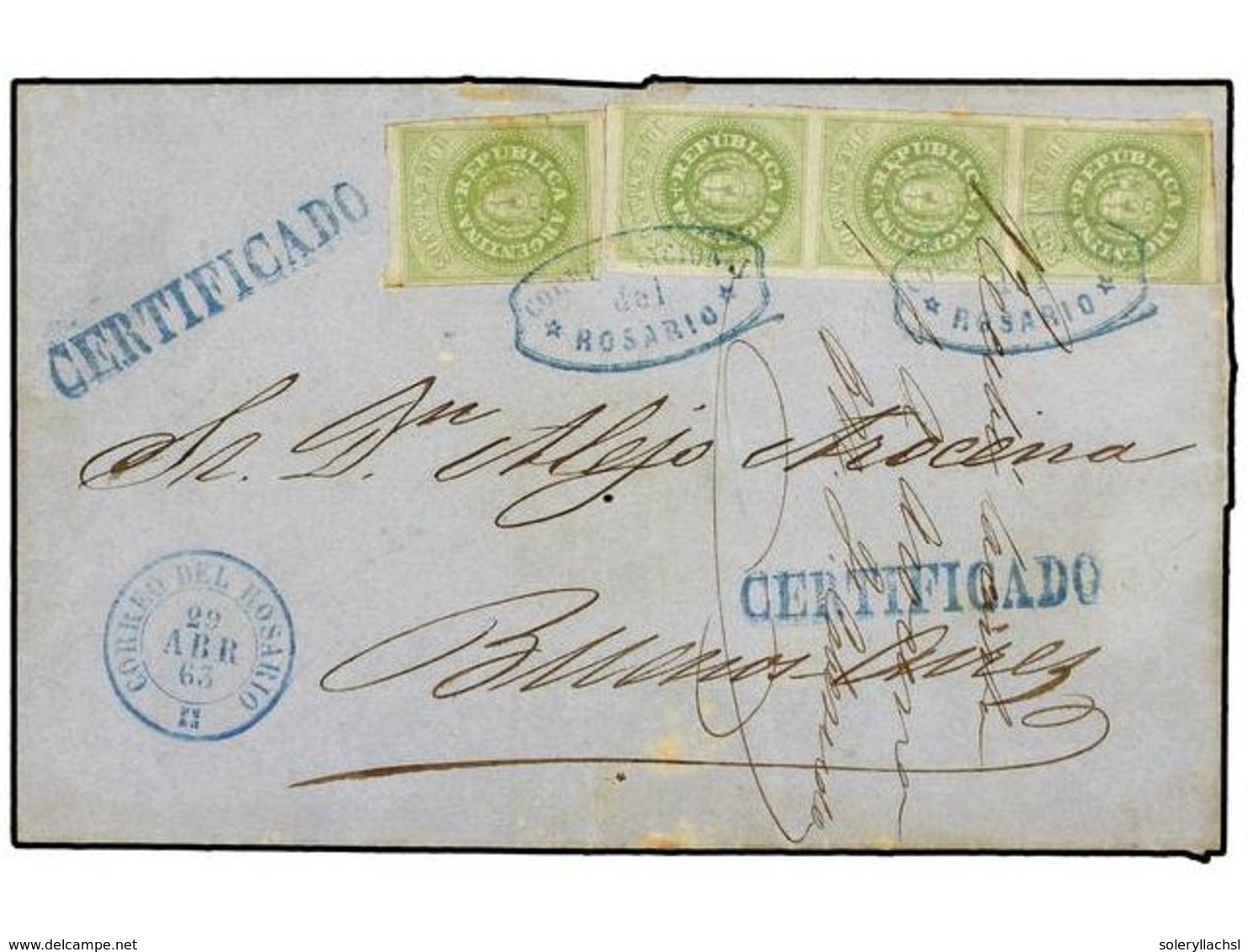 ARGENTINA. Sc.6 (4). 1863. ROSARIO A BUENOS AIRES. 10 Cents. Verde Amarillo (4) (sello Y Tira De Tres), Mat. CORREO NACI - Sonstige & Ohne Zuordnung