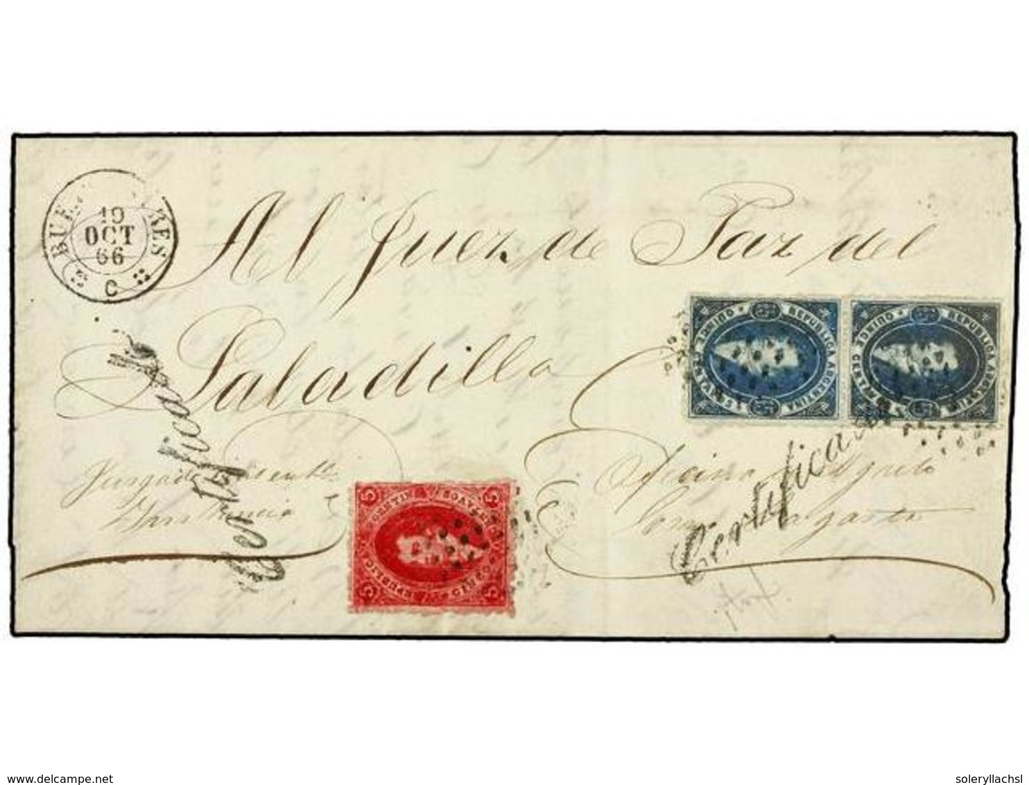 ARGENTINA. Sc.11B, 13 (2). 1866. BUENOS AYRES A SALADILLA. 5 Cts. Carmín Vinoso Y 15 Cts. Azul (2), Mat. ÓVALO DE PUNTOS - Otros & Sin Clasificación