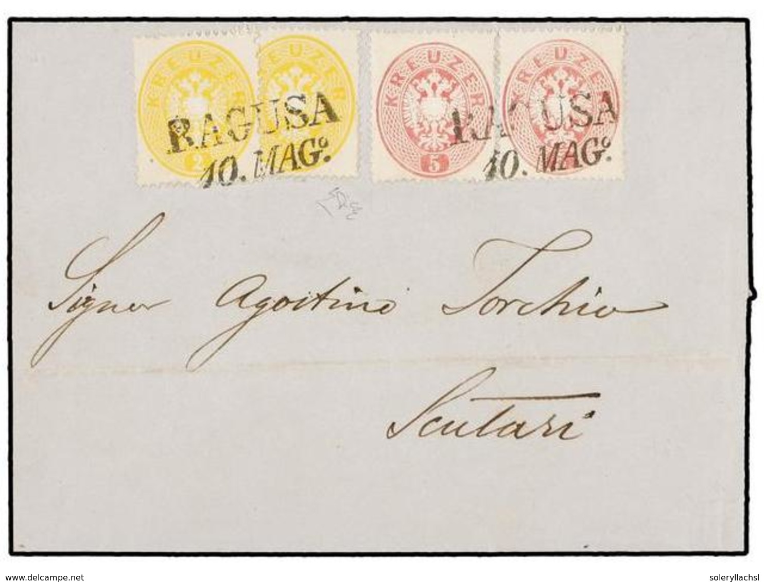 AUSTRIA. Mi.24, 26. 1864 (May 10). CROATIA. Cover To SCUTARI Franked By Scarce Usage Of 1863 Perf. 14 2kr. Yellow (2) An - Other & Unclassified