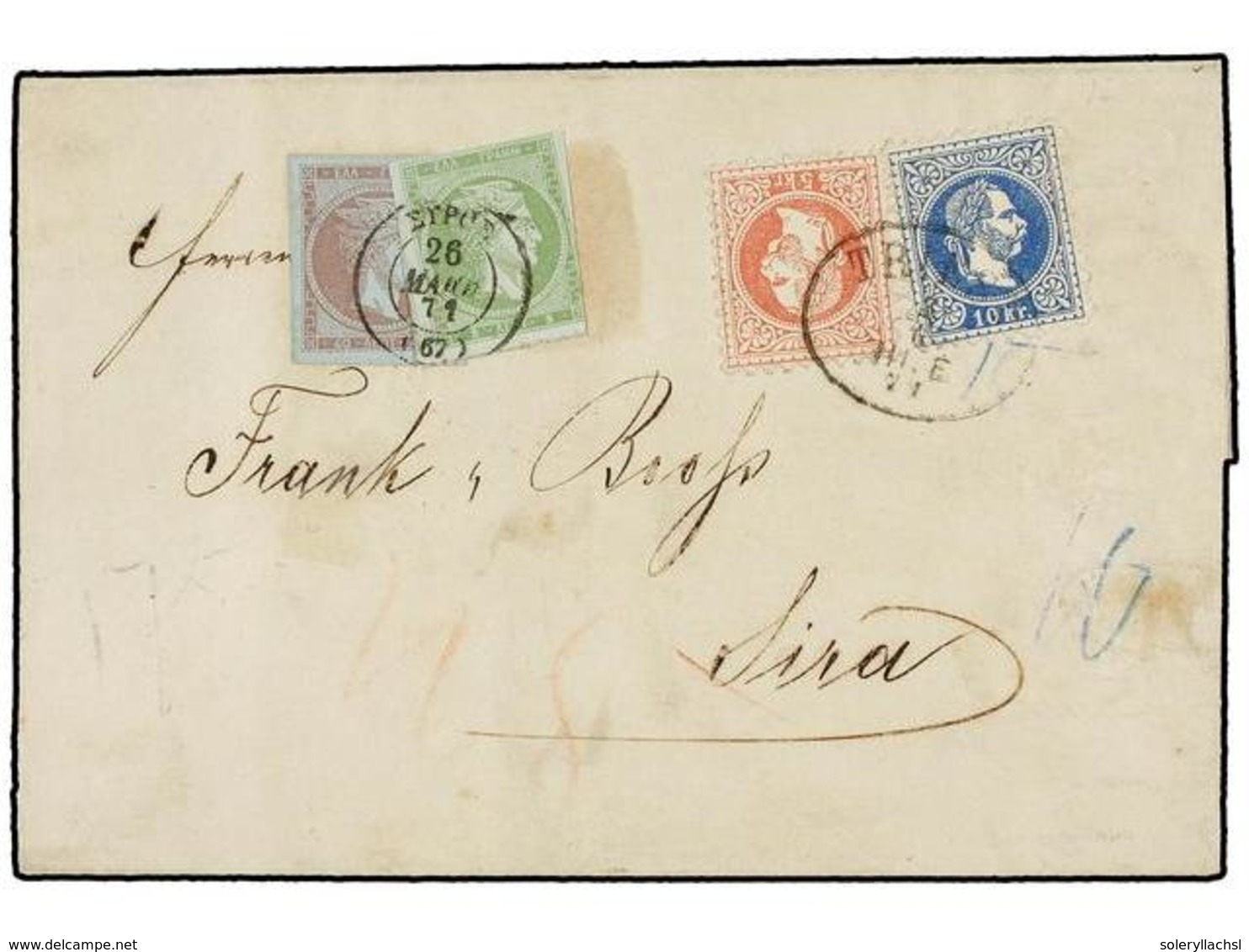 AUSTRIA. 1871. Cover From TRIESTE To SYROS, Greece Franked By 1867 5 Kr. Red And 10 Kr. Blue Tied By Oval TRIESTE Datest - Sonstige & Ohne Zuordnung