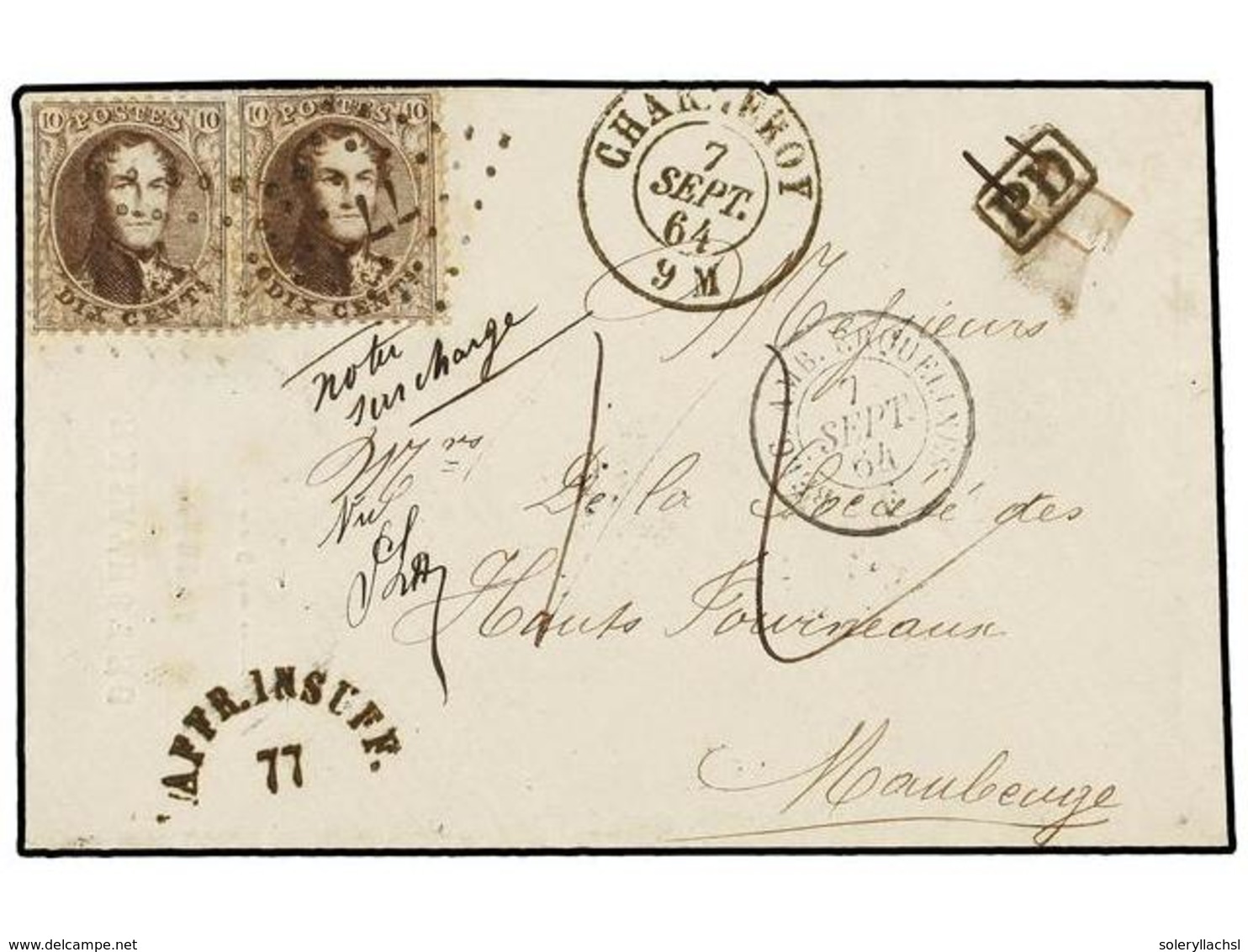 BELGICA. Of.14 (2). 1864. CHARLEROI To MAUBEUGE (France). Envelope Franking With Two 10 Cts. Brown Stamps BORDER RATE Bu - Otros & Sin Clasificación