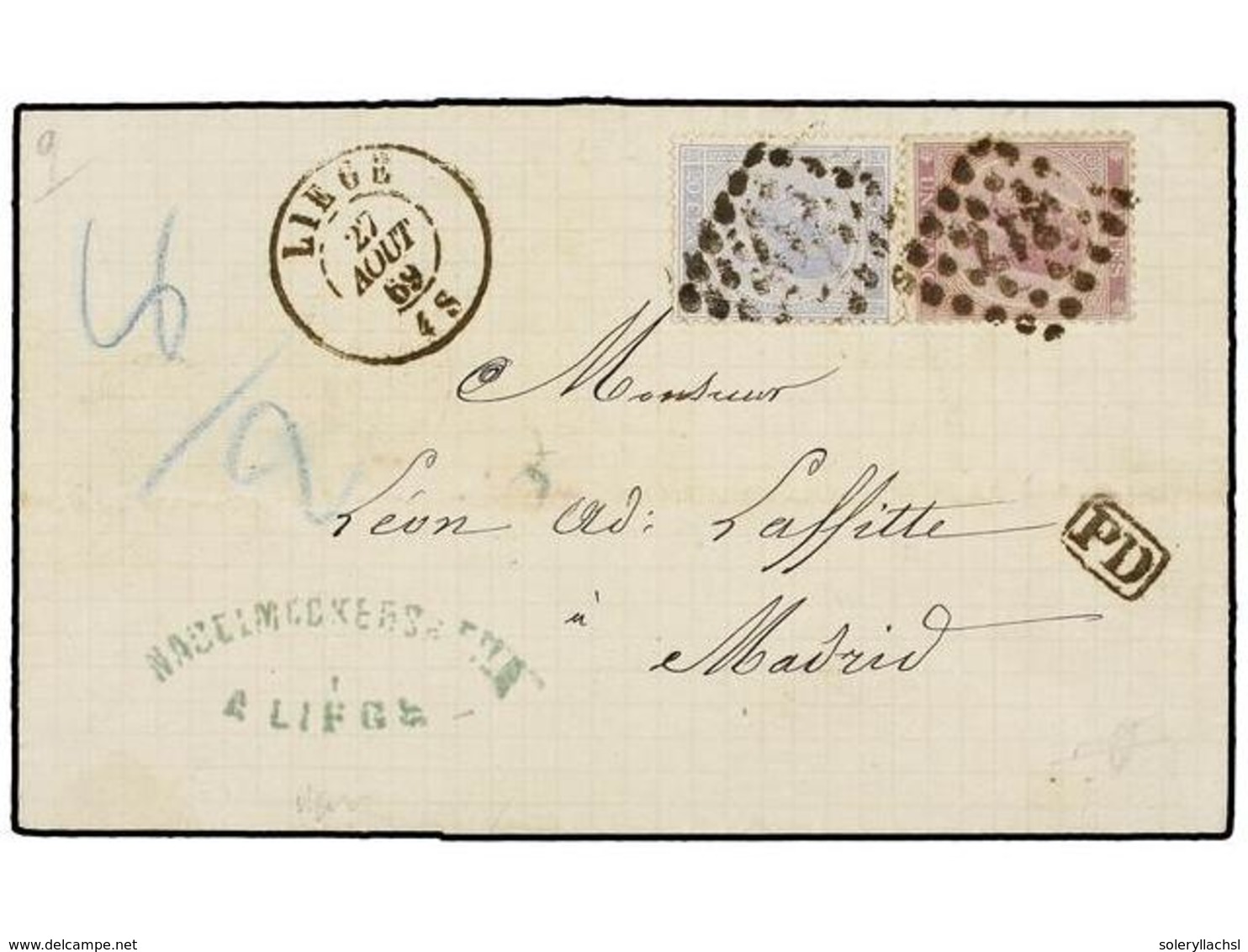 BELGICA. Of.18, 21. 1869. LIEGE To MADRID (Spain). Folded Letter Franked With 20 Cts. Blue And 1 Fr. Lilac Stamps, Tied  - Sonstige & Ohne Zuordnung