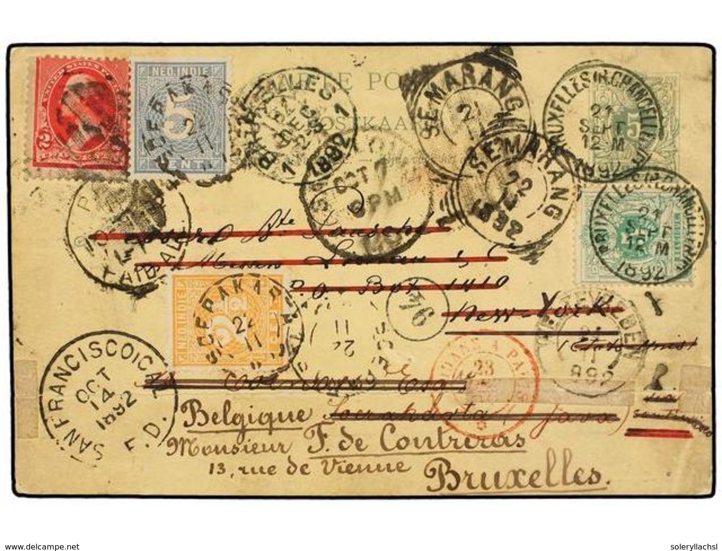 BELGICA. 1892. BRUSELAS To NETHERLAND INDIES, Redirected To USA And Returned To Belgium. Rare Combination Franking Belgi - Other & Unclassified