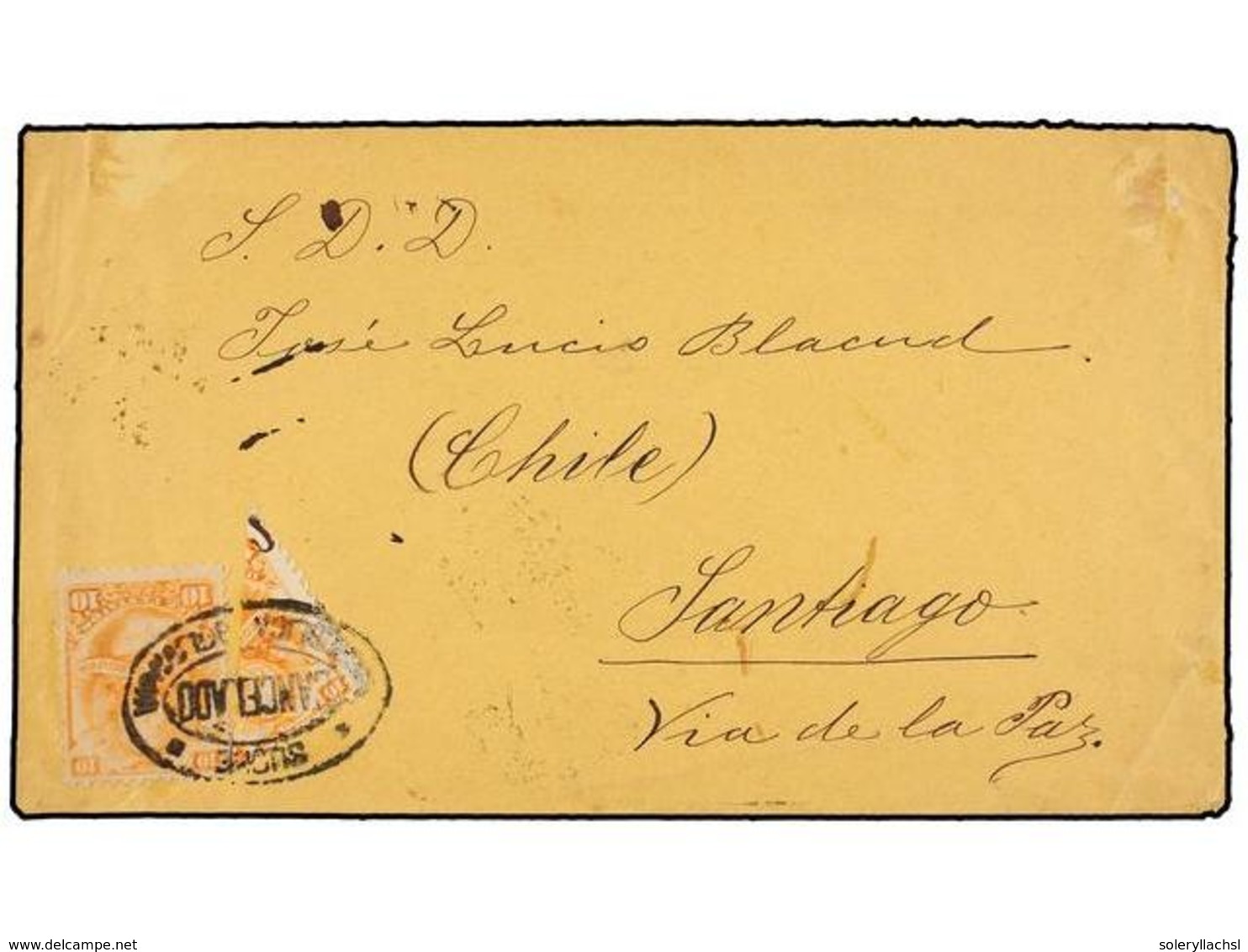 BOLIVIA. 1884. SUCRE A SANTIAGO (Chile). 10 Ctvos. Naranja Más Sello Bisectado Para Completar Un Franqueo De 15 Ctvos. M - Sonstige & Ohne Zuordnung