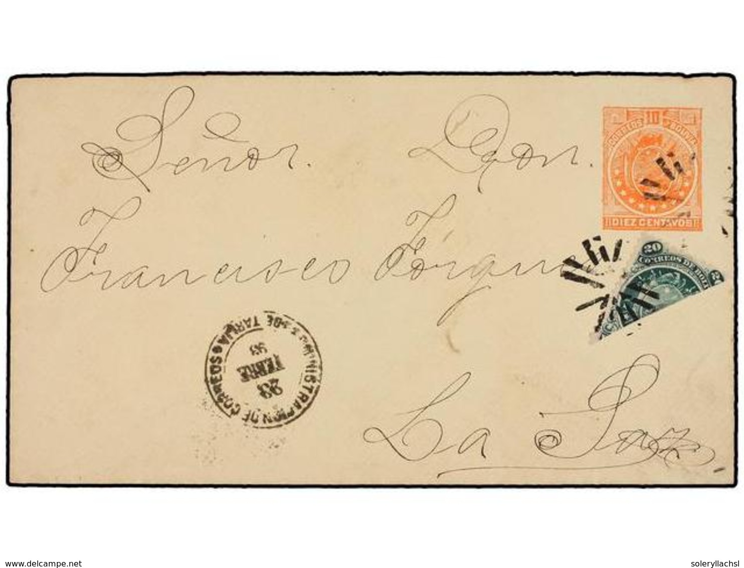 BOLIVIA. 1893. TARIJA A LA PAZ. Entero Postal De 10 Ctvos. Rojo Con Franqueo Adicional De 10 Ctvos. Con Sello Bisectado  - Other & Unclassified