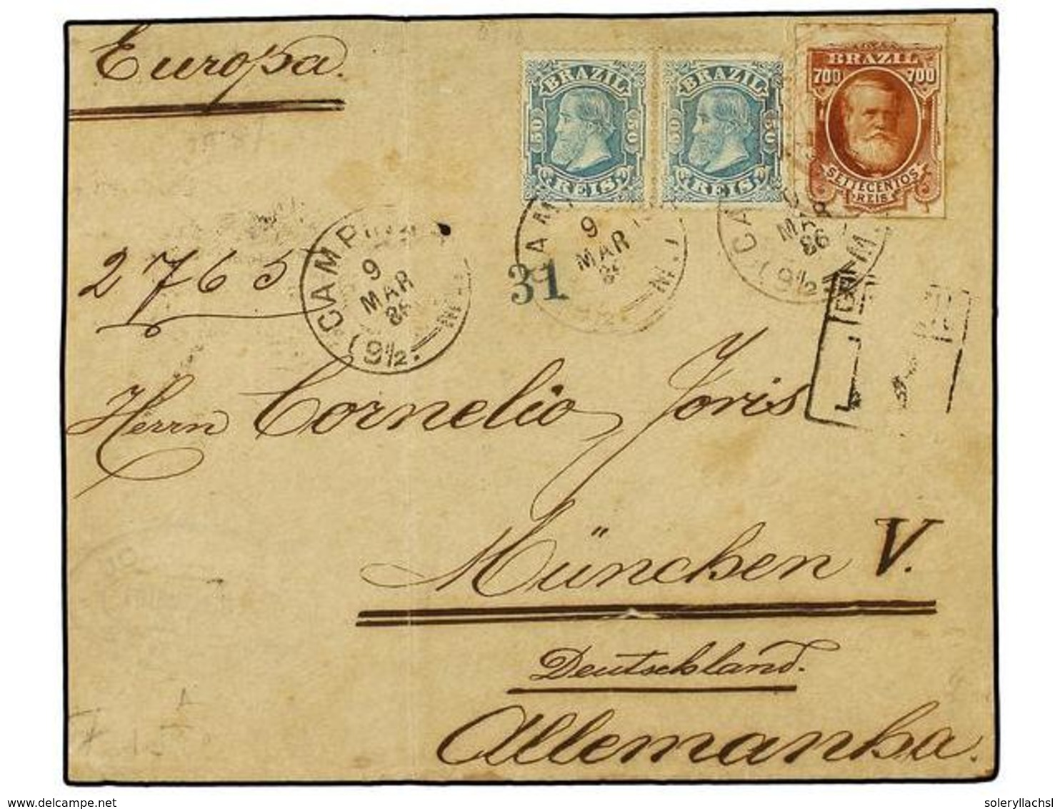 BRASIL. Sc.76, 88 (2). 1886 (9 Marzo). CAMPINAS A ALEMANIA 50 Reis Azul (2) Y 700 Reis Bistre. Muy Raro Franqueo En Cart - Other & Unclassified