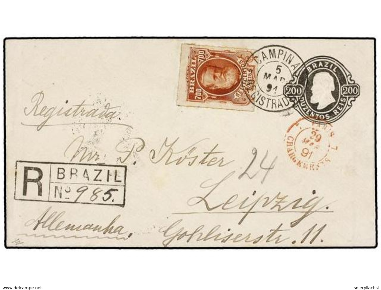 BRASIL. Sc.76. 1891. CAMPINAS A ALEMANIA. Entero Postal De 200 Reis Negro Con Franqueo Adicional De 700 Reis Castaño Roj - Andere & Zonder Classificatie