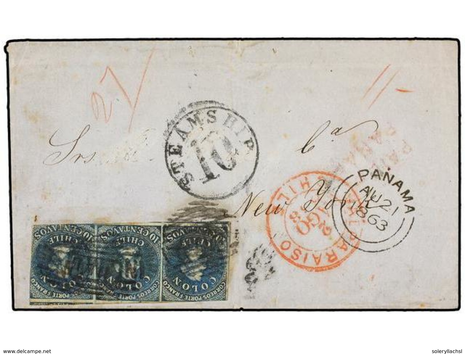 CHILE. Sc.12 (3). 1863. VALPARAISO A NEW YORK. 10 Ctvos. Azul, Tira De Tres (dos Márgenes Cortos), Mat. óvalo De Barras  - Other & Unclassified