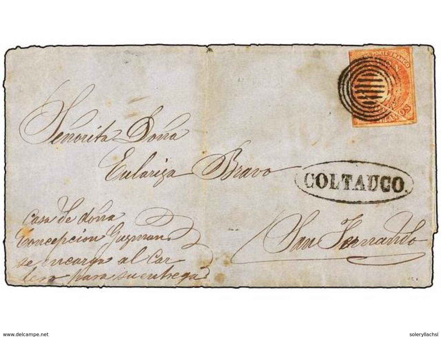 CHILE. Sc.14. 1865 (4 Agosto). COLTAUCO A SAN FERNANDO. 15 Ctvos. Rojo, Mat. CÍRCULOS CONCÉNTRICOS Y Marca En Un óvalo C - Autres & Non Classés