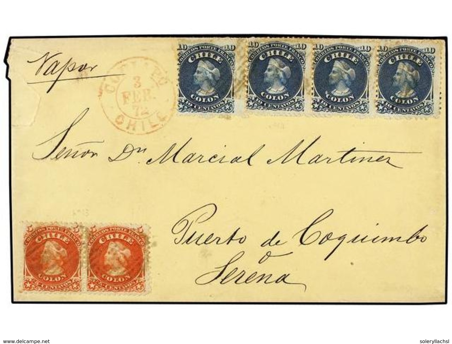 CHILE. Sc.17 (2), 18 (4). 1872. COPIAPO A COQUIMBO. 5 Cts. Rojo (2) Y 10 Cts. Azul (4) Para Completar Un Franqueo De 50  - Otros & Sin Clasificación