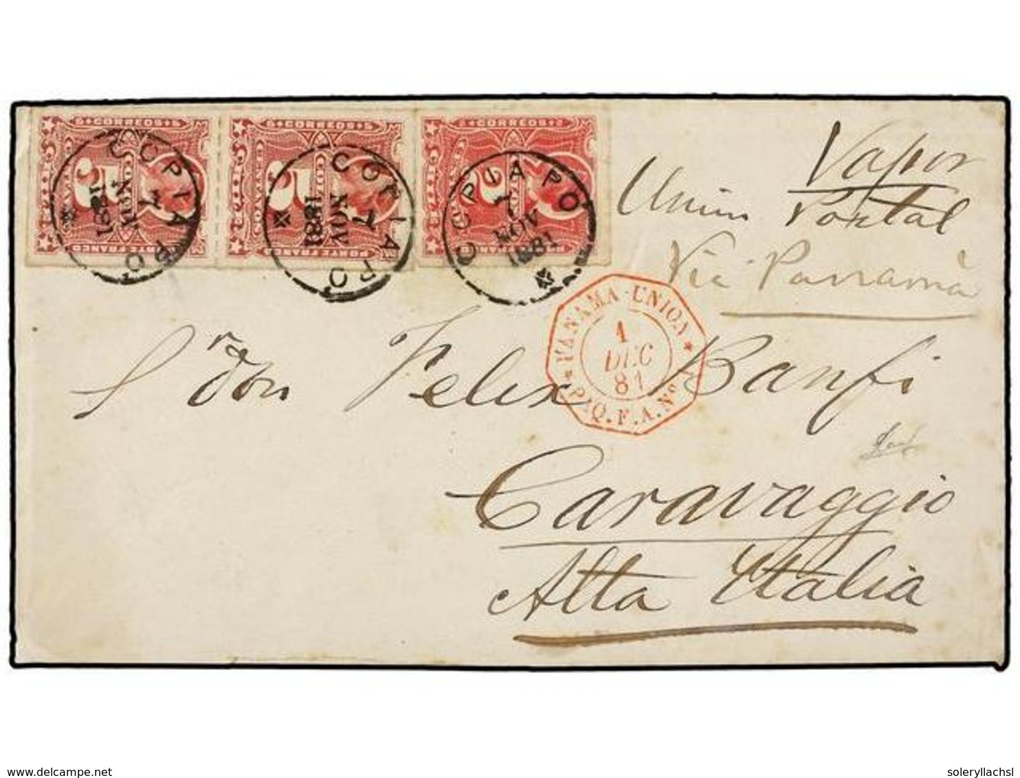 CHILE. Sc.26, 27 (2). 1881. GUERRA DEL PACÍFICO. COPIAPO A ITALIA. 2 Cts. Rosa, Y 5 Cts.  Rojo (2). Franqueo De 12 Cts.  - Autres & Non Classés