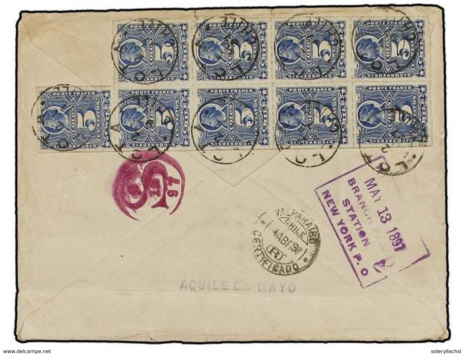 CHILE. Sc.28 (9). 1897. LOTA A NEW YORK. 5 Ctvos. Azul, Bloque De Nueve, Carta Certificada, Al Dorso Llegada. - Other & Unclassified