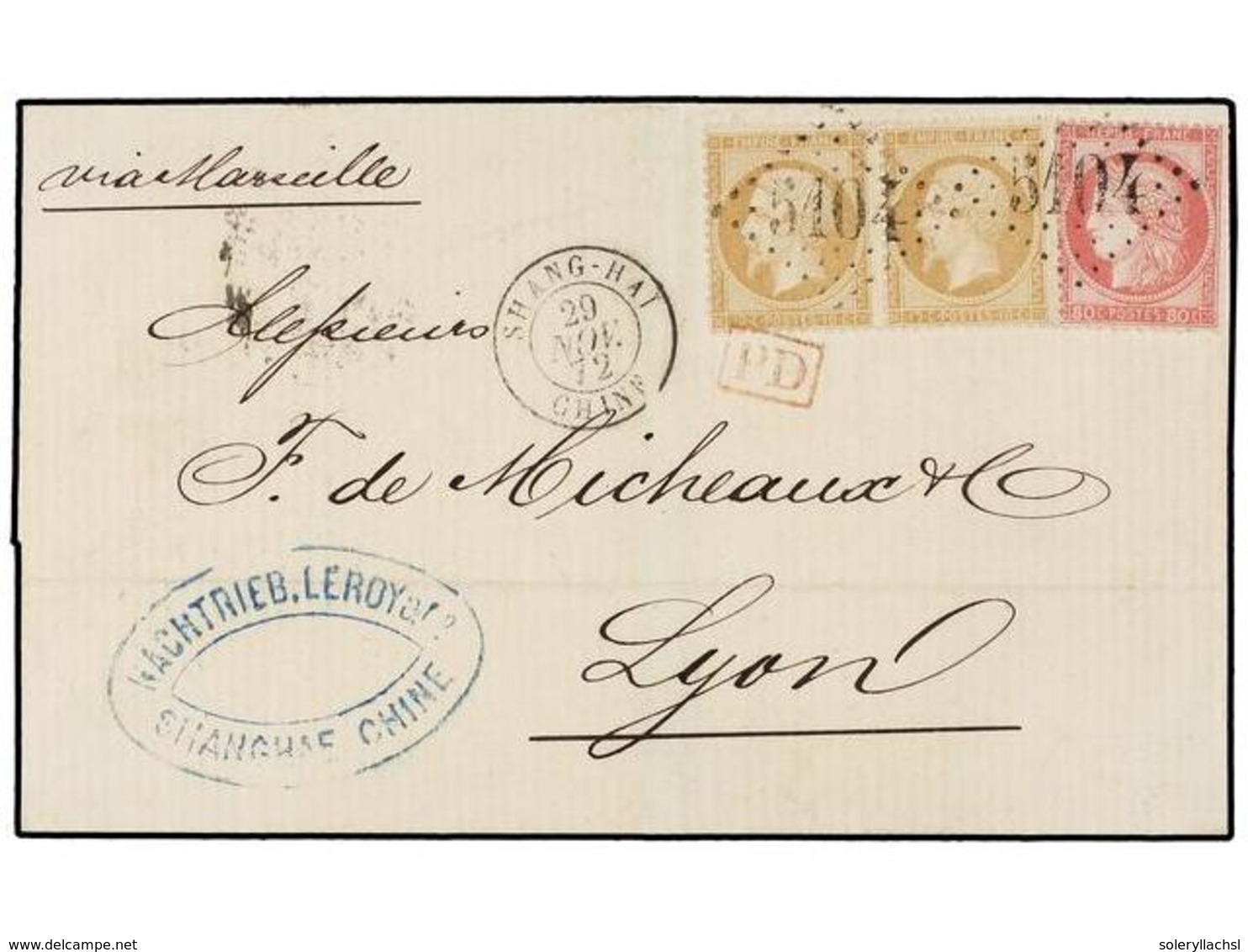 CHINA. 1872. SHANGHAE To LYON (France). Folded Cover Franked By Pair Of 10 Cts. Bister And 80 Cts. Rose French Stamps Wi - Other & Unclassified