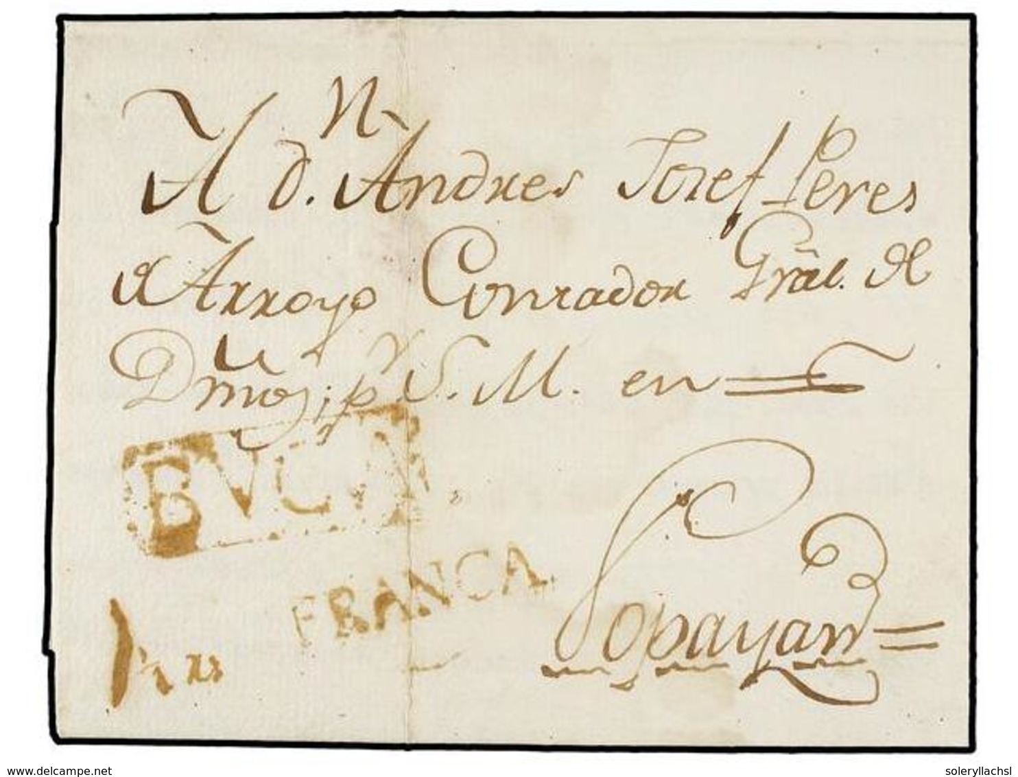 COLOMBIA. 1794 (10 Abril). BUGA A POPAYÁN. Carta Completa Con Texto. Marcas BUGA Y FRANCA En Color Sepia. MAGNÍFICA Y MU - Sonstige & Ohne Zuordnung