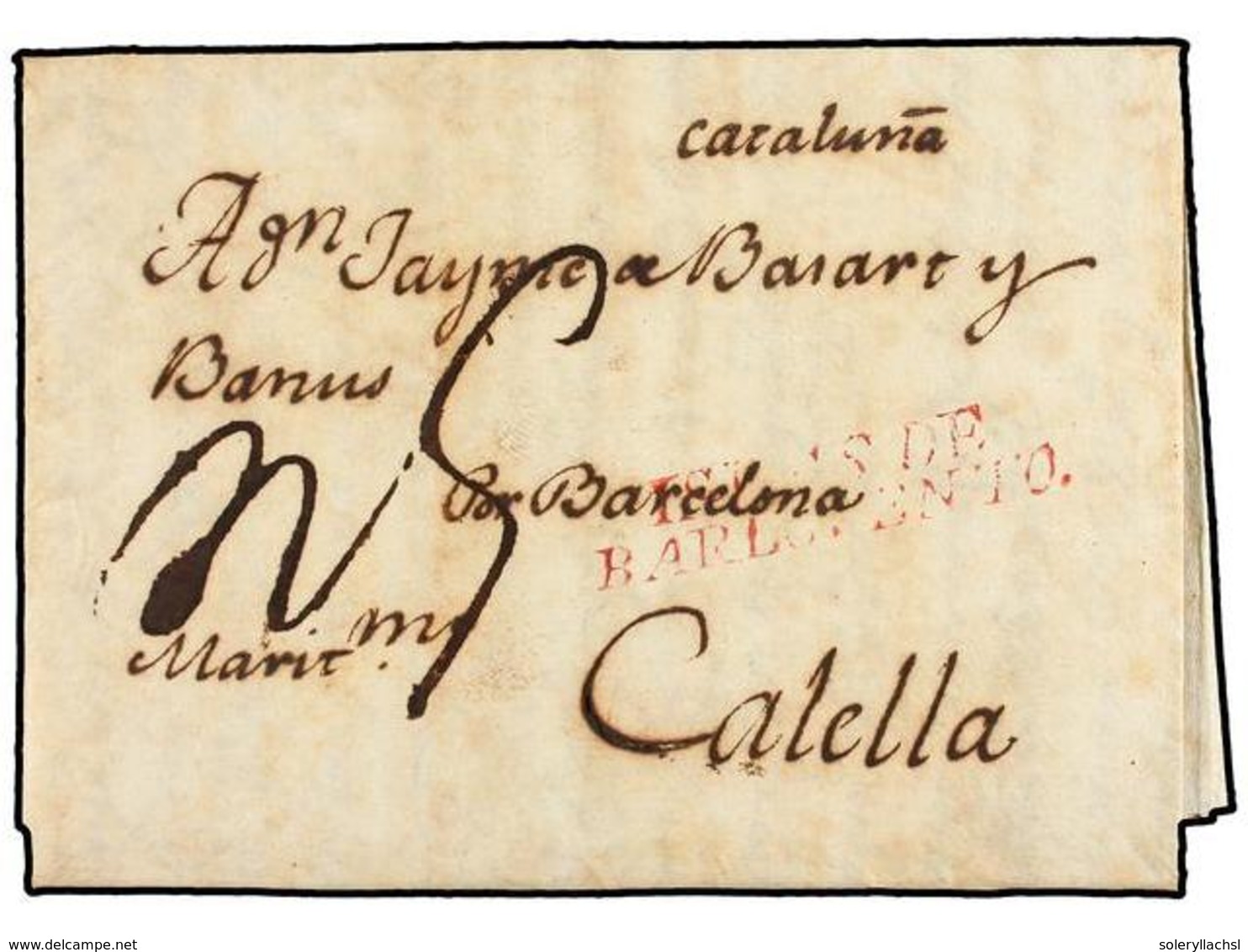 COLOMBIA. 1803 (1 Julio). CARTAGENA DE INDIAS A CALELLA (Barcelona). Marca ISLAS DE/BARLOVENTO En Color Carmín, Estampad - Other & Unclassified